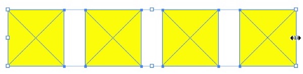 Four equidistant yellow empty square graphics frames all selected. Double-headed arrow icon is above the right edge of the rightmost frame.