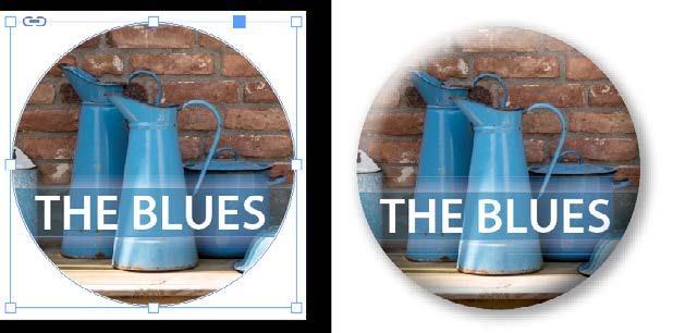 Same image as in figure 30, constrained to what was the white-bordered circle ellipse frame. On the left, all are grouped. On the right, transparency effects show a feathering at top left of circle and a light drop shadow behind all.