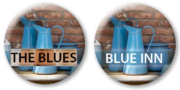 Same image as in figure 31. "The Blues" text selected on left image. On right image, it has been replaced with "Blue Inn" text.