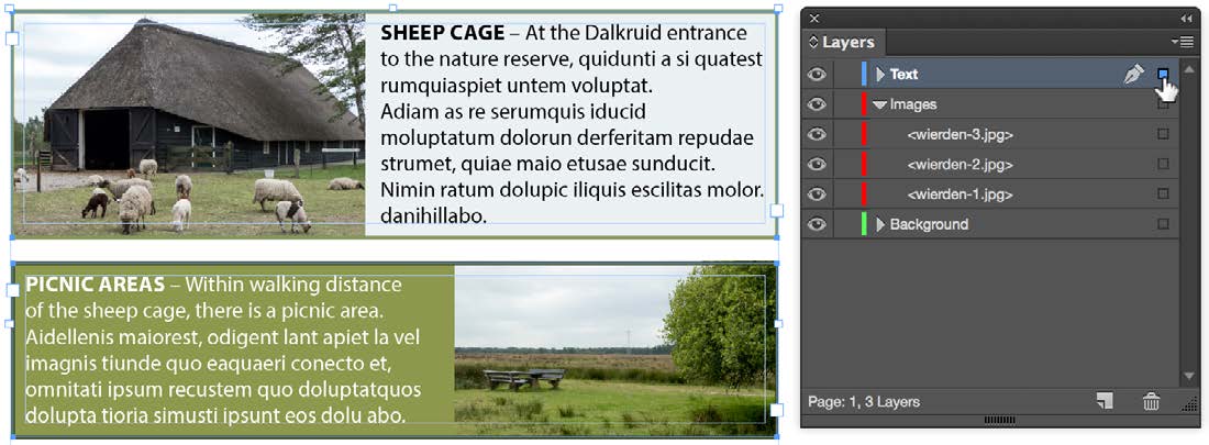 Two graphic elements, one of which is the graphic in figure 33, selected together. Layers panel as in figure 34 is at right. Index-finger cursor points to solid blue dot at right of layer name. Top layer labeled Text.
