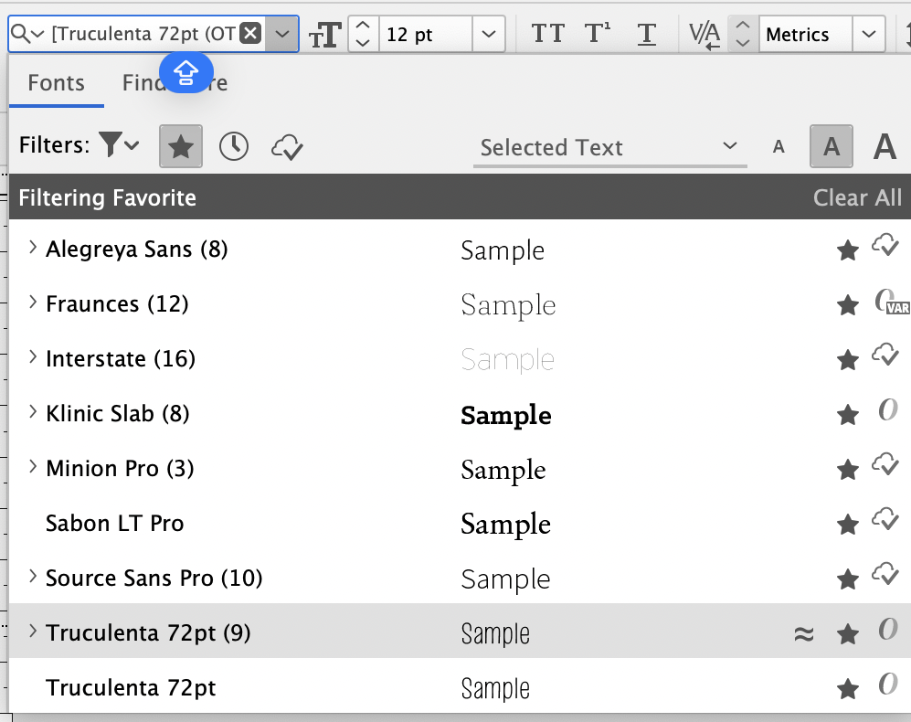 Font menu in Control Panel shows "Filtering Favorite" with star icon selected at top next to Filters label.