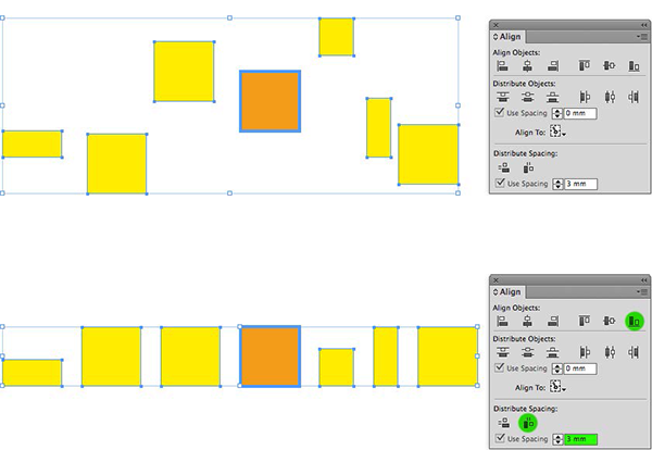 Top shows a variety of small rectangle frames in yellow, with one square frame in orange, selected. Bottom shows all objects aligned to bottom, with Distribute spacing horizontal and Use Spacing 3 mm.