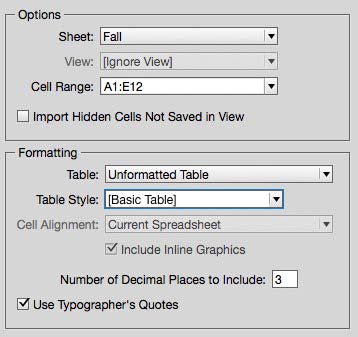 Excel import options dialog box. Options section: Sheet: Fall; View: [Ignore View]; Cell Range: A1:12; Import Hidden Cells Not Saved in View not checked; Formatting section — Table: Unformatted Table; Table Style: [Basic Table]; Cell Alignment: Current Spreadsheet; Include Inline Graphics checked; Number of Decimal Places to Include: 3;  Use Typographer's Quotes, checked.