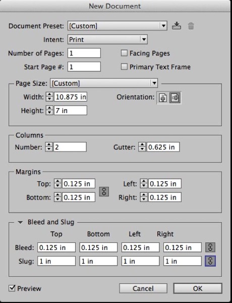 New Document dialog box screen show shows Width: 10.875 in, Height: 7 in; Columns: Number: 2; Gutter: 0.625 in; Margins: Top: 0.125 in, Bottom: 0.125 in, Left: 0.125 in, Right: 0.125 in Bleed and Slug: Bleed — all settings 0.125 in; Slug — all settings 1 in.