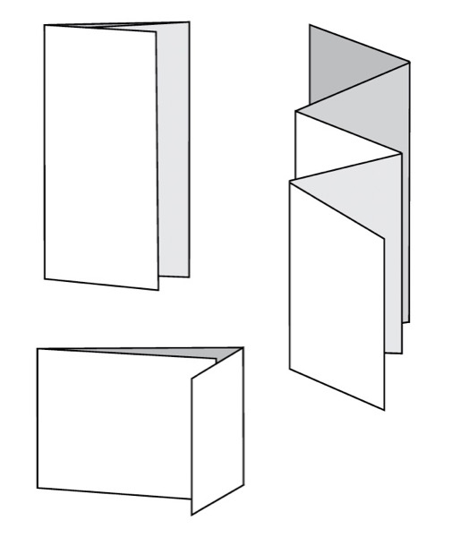/Three line drawings of brochures folded differently. First shows three panels with third panel folded into the first two.
<!--more-- srcset=