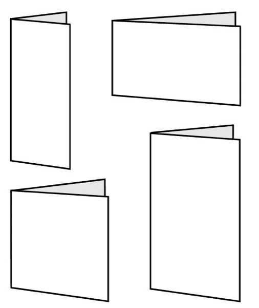 Line drawings of four brochures, all with one fold. First is vertical, second is horizontal, third is squre, and fourth is vertical but with less difference between the width and height than in the first example.