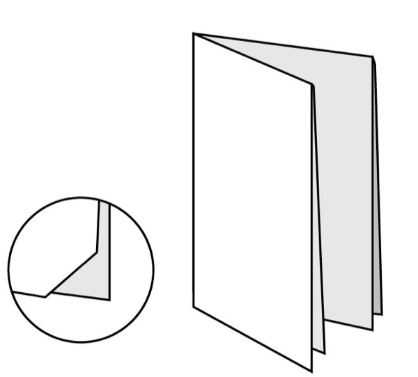 Line drawing of brochure shows single piece of paper folded vertically, then horizontally. Image in circle shows a detail of the bottom right edge trimmed at diagonal, exposing the content of the reverse side.