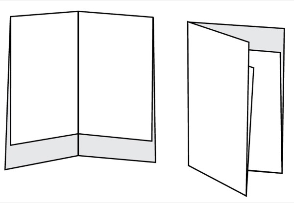 Line drawings of a brochure folded once vertically and once horizontally, but the vertical fold is off center, leaving an edge whose content on the reverse is visible above the content of the front. Left image shows brochure opened; right image shows cover of the brochure.