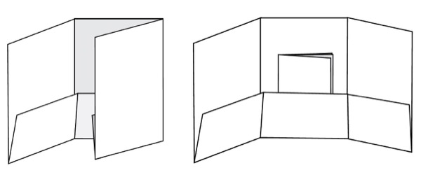 Line drawing shows brochure folded once vertically and twice horizontally, with vertical fold off center, creating a pocket effect. Image on right shows a document tucked into the pocket.