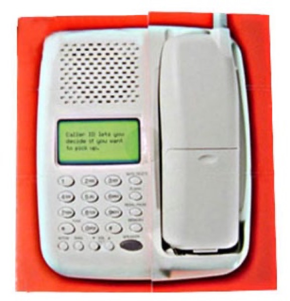 A color brochure shows a photograph of a portable phone against an orange background. Brochure folds from left and right, leaving opening for reader in the center.