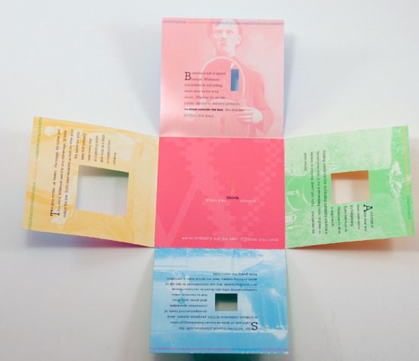 Color brochure folds in from four squares toward one red center square. Each outer square has a square window cut from it.