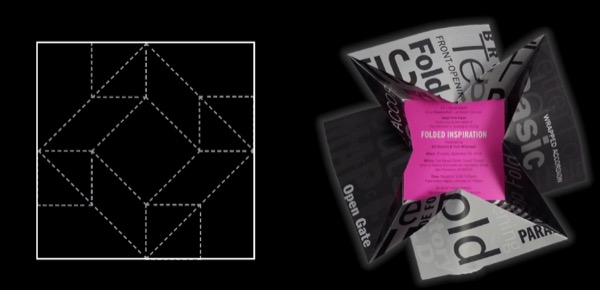 Color brochure with multiple diagonal folds ends up in the shape of a four-cornered cross with a center three-dimensional magenta panel that reads "folded inspiration."