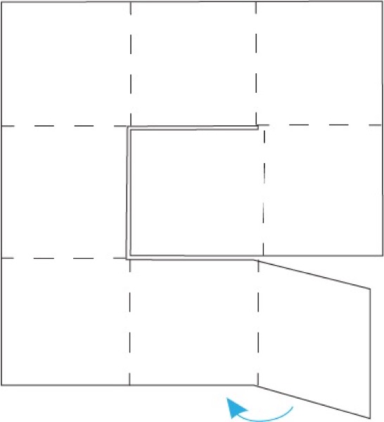 A line drawing shows a nine-panel brochure that uses successive horizontal and vertical folds and die cuts to turn a 3x3 square grid into the size of a component square.