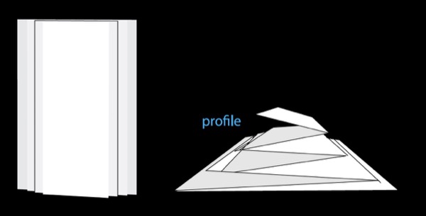 Line drawings of an accordion fold with folds positioned to expose content from three successive panels. Left side shows effect looking straight at the piece; right side shows piece from its bottom.