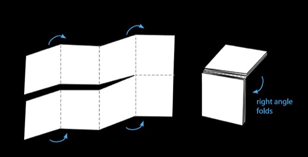 Line drawing of eight-panel brochure composed of two rows of four squares, with trim between the rows of the first three squares. Alternating folds create an accordion effect.