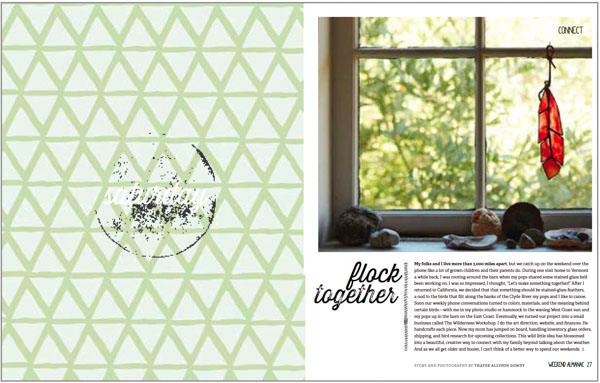 Verso page is full page with one word, "saturday," in reversed script against decorative background. On recto page, Department head Connect; article head is "flock together" in same distressed script as "saturday" on the facing page.