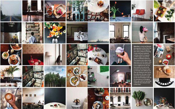 A magazine spread in the form of an 8x5 grid of photos of landscapes, food, and people with their backs to the camera. Two cells of the grid hold text about photographer Alice Gao.