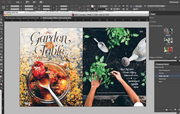 Screenshot of nDesign application with document showing a magazine spread. verso has headline treatment of "Garden to Table"; recto has subhed "Top Chef alum Preeti Mistry takes us on a tour of her backyard vegetable boxes." Full page photo on verso looks dierctly at mouth of mason jar with roasted peppers; one pepper rests on metal spoon. On recto, full page photo shows only the arms of the subject extending into the photo from the bottom margin, steadying a green plant while planting it. Photo also contains trowel and watering can.