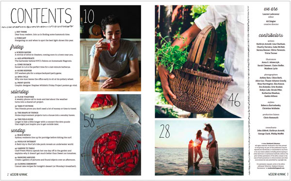 Magazine spread shows table of contents on verso with two photos. At top is contented masculine presenting person drinking a red fluid from a clear glass while sitting at a table and smiling. On bottom is a cheesecake with red fruit sauce on top. One slice is missing from cake and is on a light blue plate bleeding off top of the photo. In image is cake serving utensil. On recto page are two photos: Top phtoto shows the arm of a closely cropped person in white shirt holding a basket by its bottom. In the basket is a green vegetable or vine. In photo on bottom two women interact on a dock with water in the background and sun rays shining out from center of photo. Woman on left has left arm on shoulder of woman on the right. Last column of page is masthead, titled "we are" with "contributors" listed and indicia/flypseck text below.
