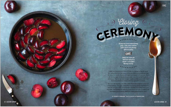 Magazine spread shows full-bleed crossover photo of a bowl of cherries in juice on slate-blue tabletop with spoon coated with juice. Bowl is a dark blue or black ceramic. Six whole cherries and four half cherries are randomly appear on edges of photo. Headline of feature is "Closing Ceremony." in Nexa Rust, with "ceremony" set on arc with typographic ornaments decorating the treatment.