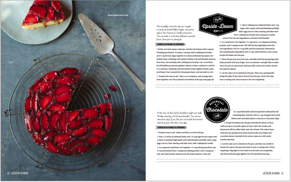 A second page of feature from figure 7. Verso page is full-page bleed photo with plum upside-down cake (indicated by caption reversed out of photo) with piece removed from cake, resting on wire rack, and piece on light blue plate partially cropped out of top left of photo. On right are two recipes with stylized shapes. "Plum Upside Down' is revsersed from dark blue hexabon with drawing of spoon. Below is recipe for "Buckwheat Chocolate Chip" with headline reversed from dark blue circle. Text of recipes wrap around their respective headlines.