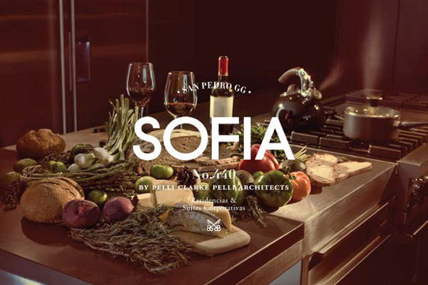 Type treatment knocks out of photo of kitchen island with abundant food ingredients and two glasses of red wine, with bottle. A stove in background has a pan with lid and a kettle. Text reads "San Pedro GG" in small type on arc above main headline SOFIA. Text below reads: No. 440, By Pelli Clark, Pelli Architects, Residencias and Suites Corporativas.