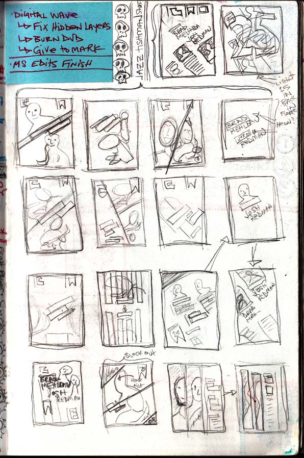 18 thumbnail pencil drawings on grid with post-it note.