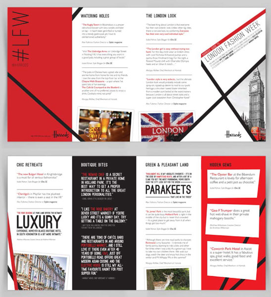 A four-panel brochure with bright red cover with huge headline #LFW. Brochure headlines include: Watering Holes, The London Look, Chic Retreats, Boutique Bites, Green & Pleasant Land, Hidden Gems.