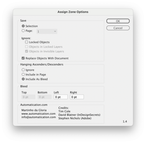 The Assign Zone Options dialog box shows command to save Selection or Page, options to Ignore Locked Objects, Objects in Locked Layers, or Objects in Invisible Layers, to Replace Objects With Document, and to accommodate Hanging Ascenders/Descenders. Other bleed options available.