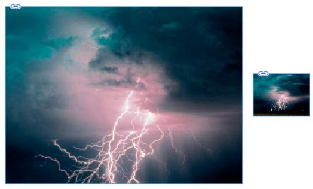 Two versions of a photo of a storm cloud with lightning. Left image is substantially larger than the right image.