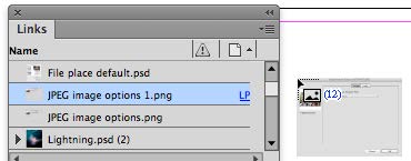 Links panel shows list of four files. Highlighted is JPEG image options 1.png, with LP as the page number. At side is loaded place gun cursor with number 12 in parentheses.