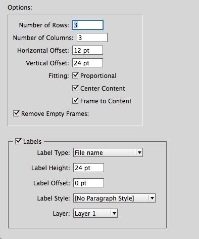 Dialog box shows settings for Options section: Number of rows, 3; Number of columns, 3; Horizontal offset, 12pt; Vertical offset, 24pt; Fitting: Proportional, Center Content, Frame to Content, all checked; Remove empty frames, checked. Labels section is checked and includes fields Label type: file name; Label height: 24pt; Label offset, 0 pt; Label style, [No Paragraph Style]; Layer: Layer 1.