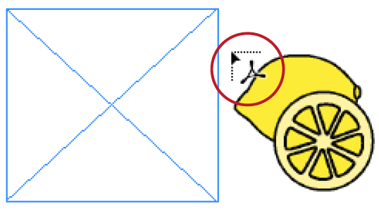 Empty graphics frame at left of image. Loaded cursor shows preview of line drawing of two bright yellow lemons (one in foreground cut in half). Image calls attention to cursor, which shows dotted lines at right angle with icon for Acrobat. 