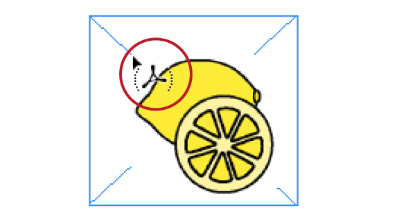 Loaded cursor, hovering over empty graphics frame as shown in Figure 9, shows preview of line drawing of two bright yellow lemons (one in foreground cut in half). Image calls attention to cursor, which shows dotted parentheses encapsulating the Acrobat icon. 