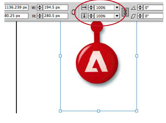 Photo of keychain with Adobe logo is selected in graphics frame, with blue edge. Red circle draws reader's attention to the Scale X Percentage (100%) and Scale Y Percentage (100%) fields in the Control panel.