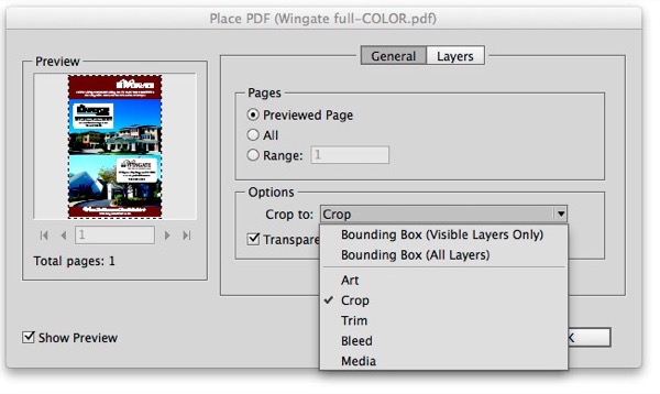 Place PDF dialog box shows preview of color ad with menu active under Options > Crop to and Crop is checked.
