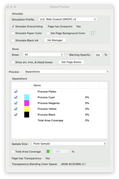 Acrobat Output Preview dialog box shows Simulate section — Simulate profile: U.S. Web Coated (SWOP) v2; Simulate overprinting (checked), Page has Overprint shows Yes. Unchecked: Simulate paper color, Set Page Background Color, Simulate Black Ink (with button for Ink Manager). Show section — Show: All; Warning Opacity: 100%; Show art, trim & bleed boxes (unchecked); button for Set Page Boxes. Preview: Separations. Separations listed, all checked: Process plates; Process Cyan 0%; Process Magenta, 0%; Proces Yellow, 0%; Process Black, 0%; Total Area Coverage 0%. Sample size: point sample; Total area coverage option unchecked, with color RGB green and 100% grayed out. Page has Transparency: Yes. Transparency Blending Color Space: sRGB IEC61966-2.1.