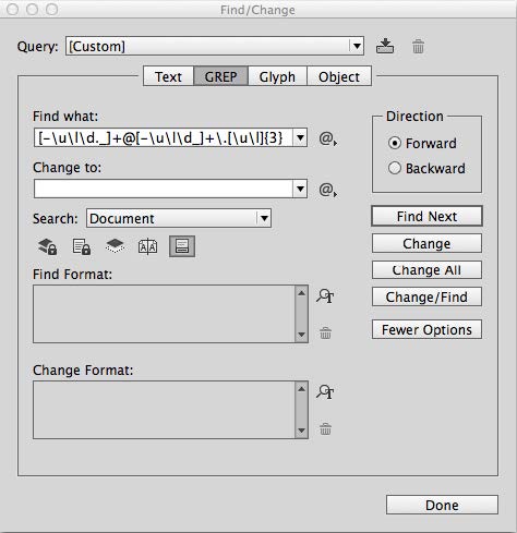 InDesign find/change dialog box shows GREP search term:[-uld._]+@[-uld_]+.[ul]{3}