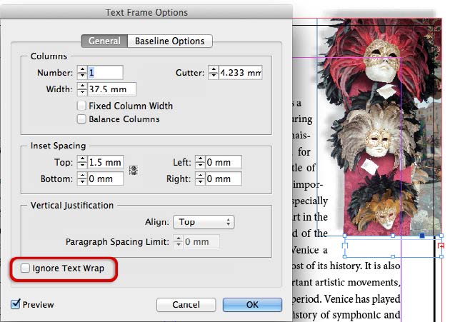 Screenshot of a page layout showing text wrapping around a color image and another text frame for the image caption empty and in overset, affected by the wrap. Text Frame Options dialog box is open, tab for General is activated. Highlighted in image is the field for Ignore Text Wrap, which is not checked.