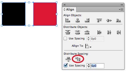 Two square graphics frames are adjacent, the left one filled with solid black and the right one filled with red. The Align panel is shown, with the icon for Distribute Horizontal Space highlighted for the reader.