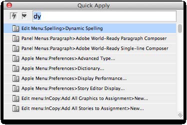 The Quick Apply panel with "dy" typed into the entry field shows the highlighted top command Edit Menu: Spelling> Dynamic Spelling.