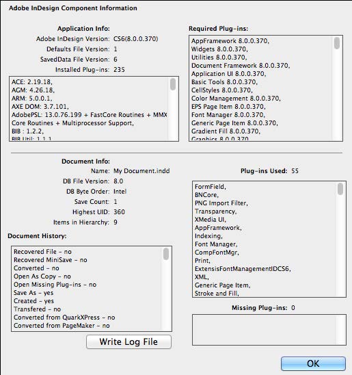 Adobe InDesign component Information dialog box shows deeply detailed Application Info, Required Plug-ins, Document Info, Document History, Plug-ins Used, Missing Plug-ins.