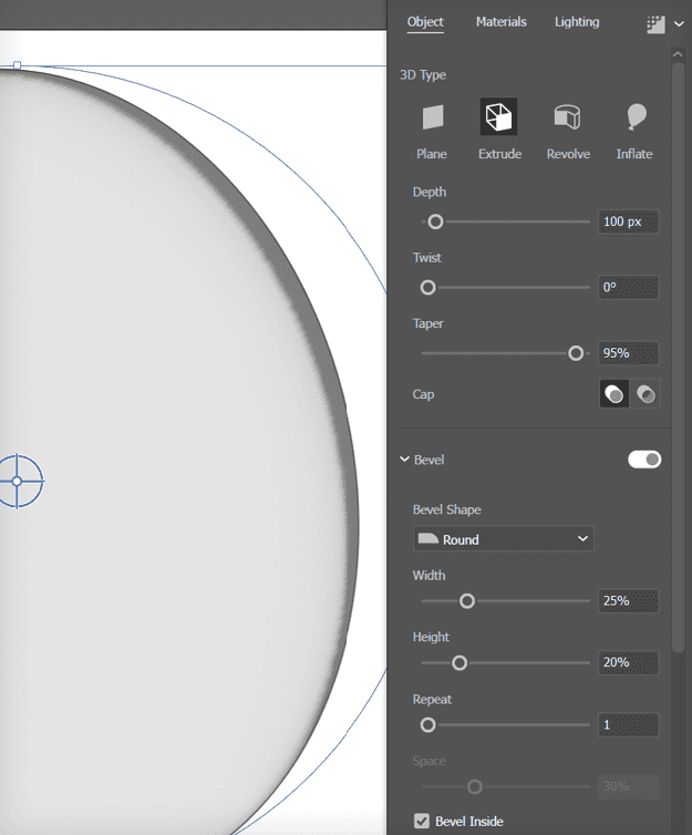 A greyscale circle object with active bezier curve. Object tab selected. 3D Type: Extrude; Depth: 100 px; Twist, 0°; Taper, 95%; Cap, left hand solid cylinder icon selected. Bevel section: Bevel Shape, Round. Width, 25%; Height 20%; Repeat 1. Space greyed out. Bevel Inside selected.