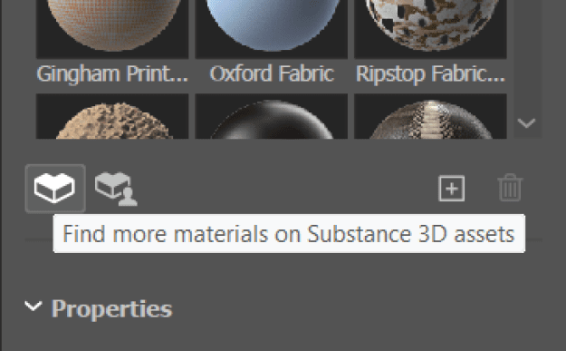 Closeup of section of menu with message that says "Find more materials on Substance 3D assets."