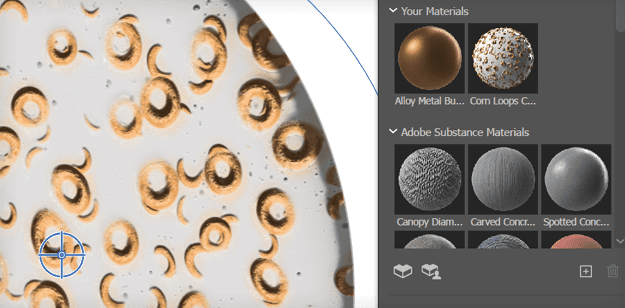 Vector image with preview of 3D object shows high-contrast version of cereal design in Figure 12. Detail of panel menu at right: Your Materials: (Sphere with metallic/coppery color) Alloy Metal Bu....; (sphere with corn flake design as in Figure 12) Corn Loops C.... Adobe Substance Materials section shows greyscale spheres of textures for three additional options (Canopy Diam... Carved Concr... Spotted Conc...)