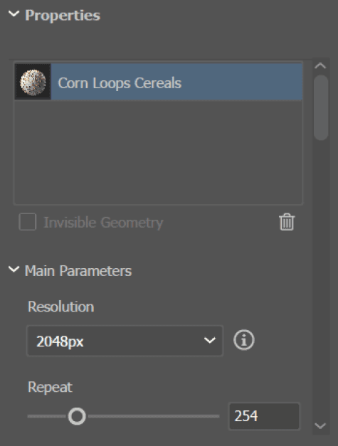 Properties section of detail of panel menu shows "Corn Loops Cereals" as single item in list. "Main Parameters" section: Resolution, 2048px; Repeat, 254.