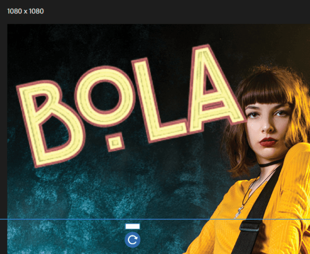 Detail of "BOLA" and the girl. Blue guide with solid white icon in center and below that, a white rotation arrow reversed out of a solid blue circle. Top text: 1080x1080