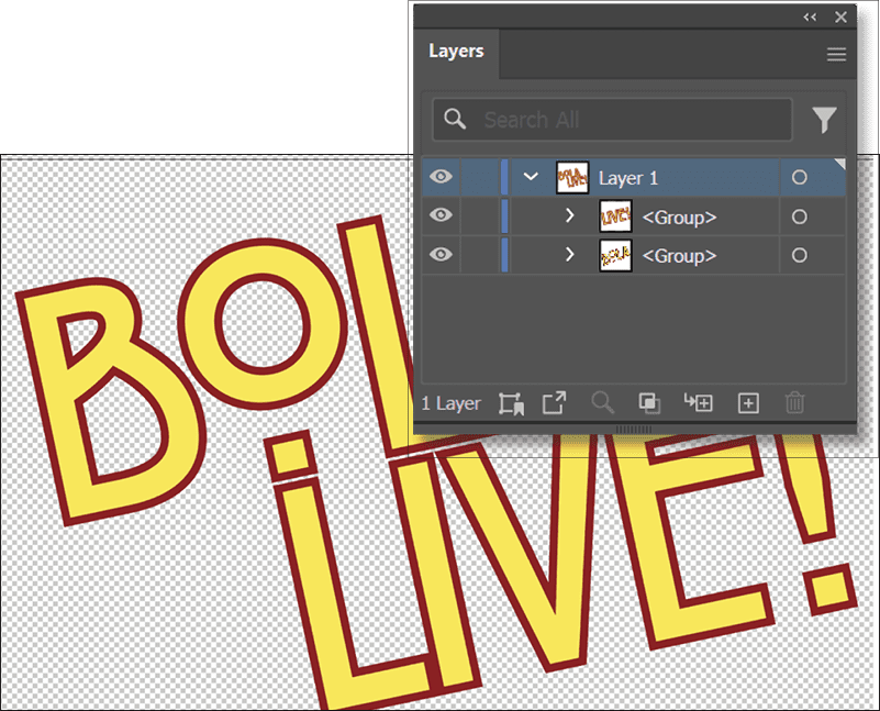 Layers panel shows Layer 1 with two sublayers each listing . Underneath is document, tiltled yellow letters with red strokes on transparent background.