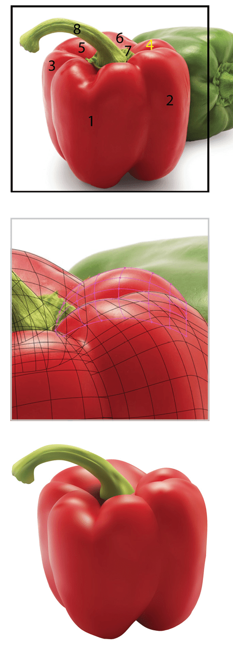 Top: Photo shows reference of the regions of the red pepper, with number 4 highlighted in yellow. Center photo is closeup of the mesh for region 4 (pink guides), with previously rendered mesh lines for other regions in black. Bottom photo: Mesh of all the pepper and most of stem.