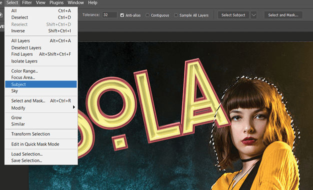Same image of girl shows selection marquee around girl. Select menu active shows "Select > Subject" highlighted.